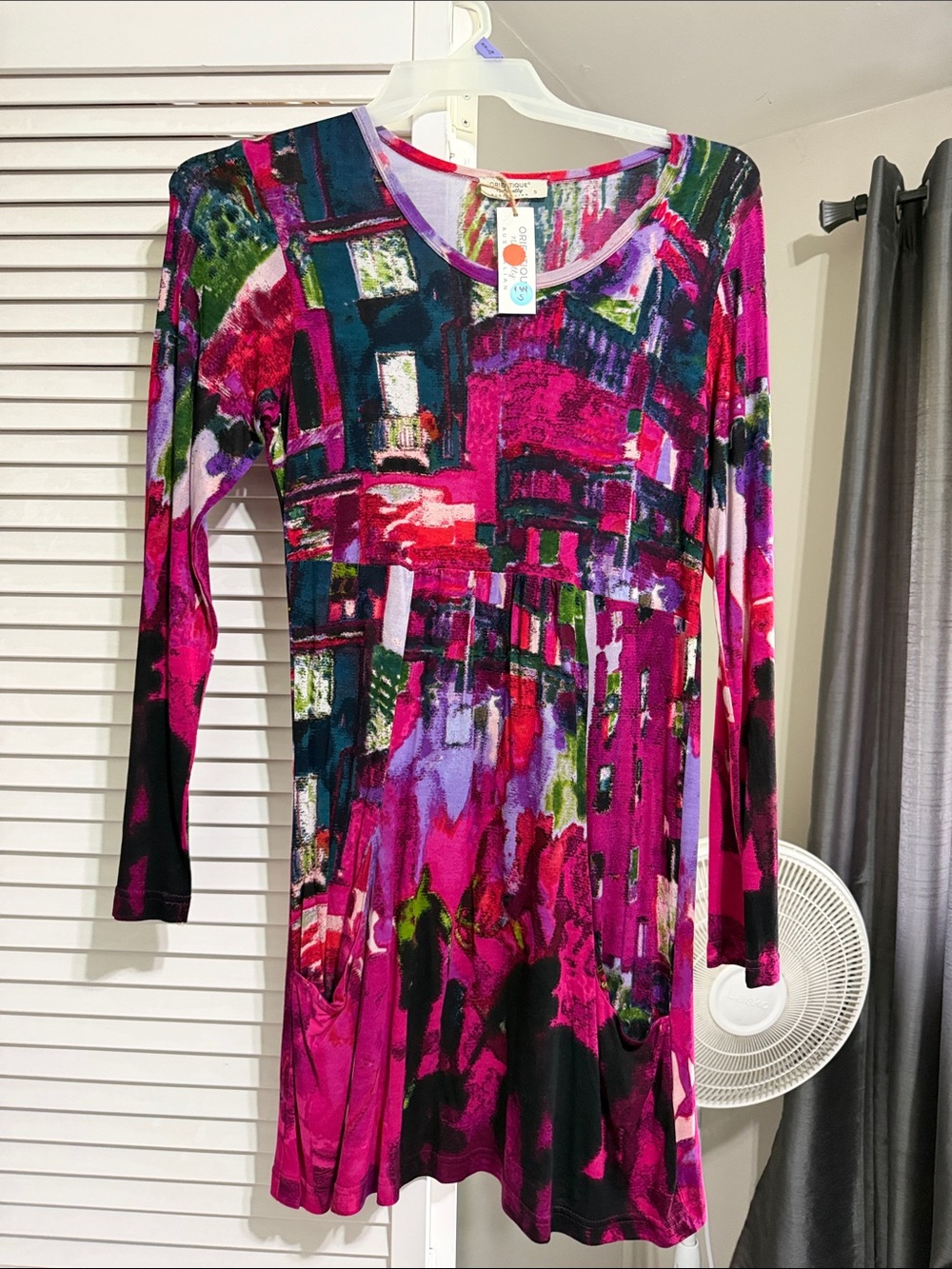 Abstract Fuchsia Long Sleeve A-Line Dress by